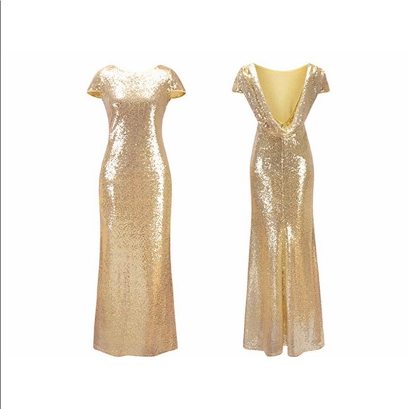 Mermaid Dripping Gold Low Back Sequins Formal Gown - Picture 3 of 5